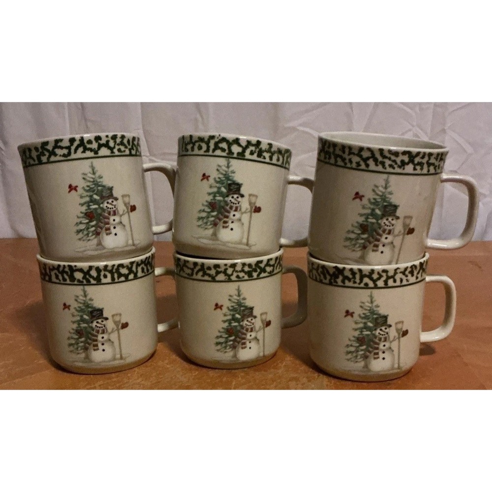 Set Of 6 Stoneware "We Can Build A Snowman"  Coffee Tea Cups Mugs
